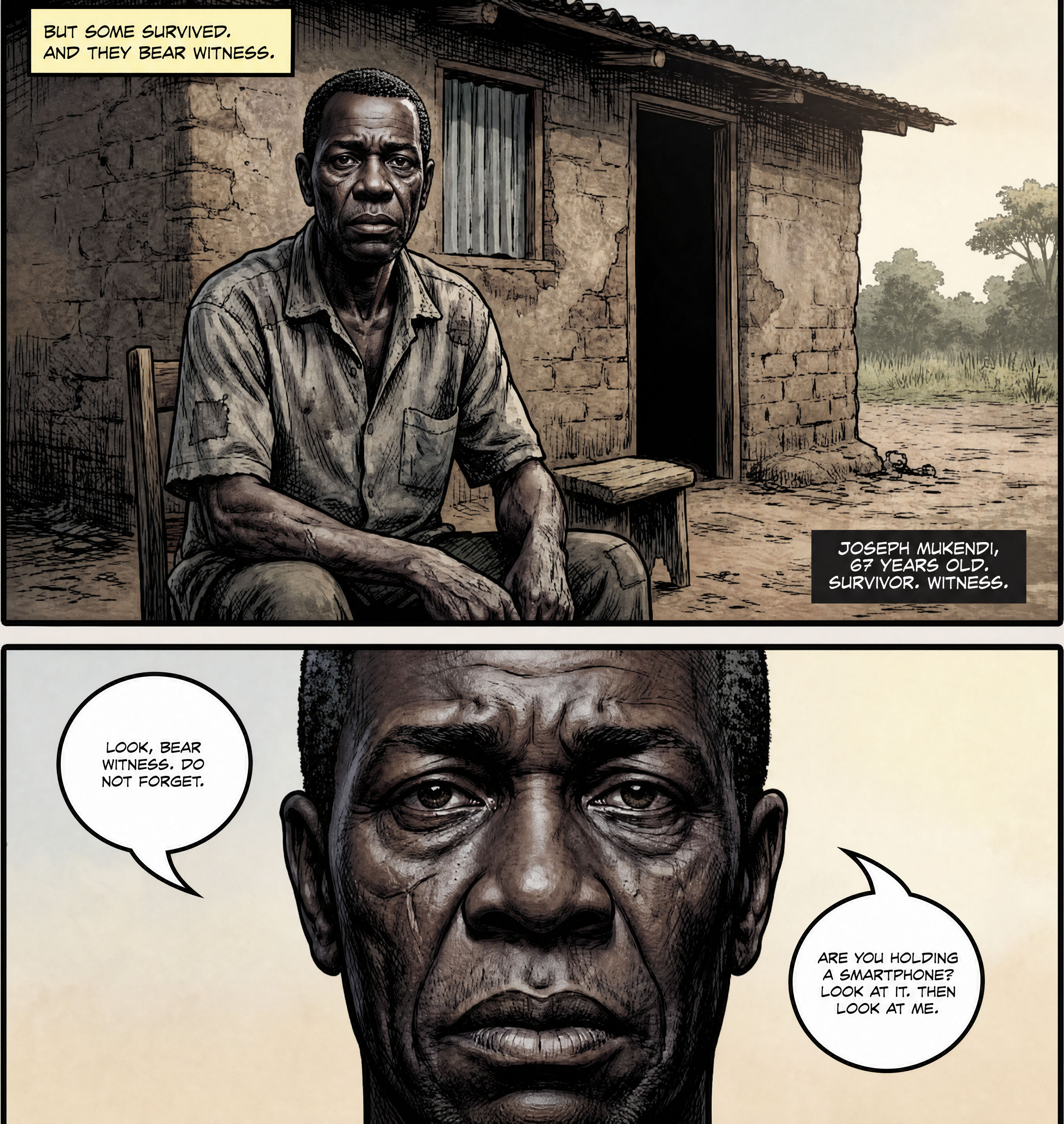Pages from the book: a survivor sits outside his house and addresses the reader directly, asking them to look at the phone in their hand and then look back at him.