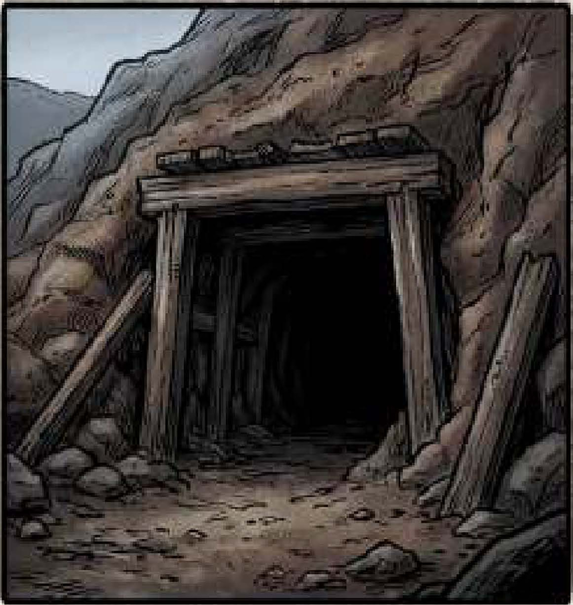 A page from the book: the timbered mouth of a mine shaft cut into a hillside.
