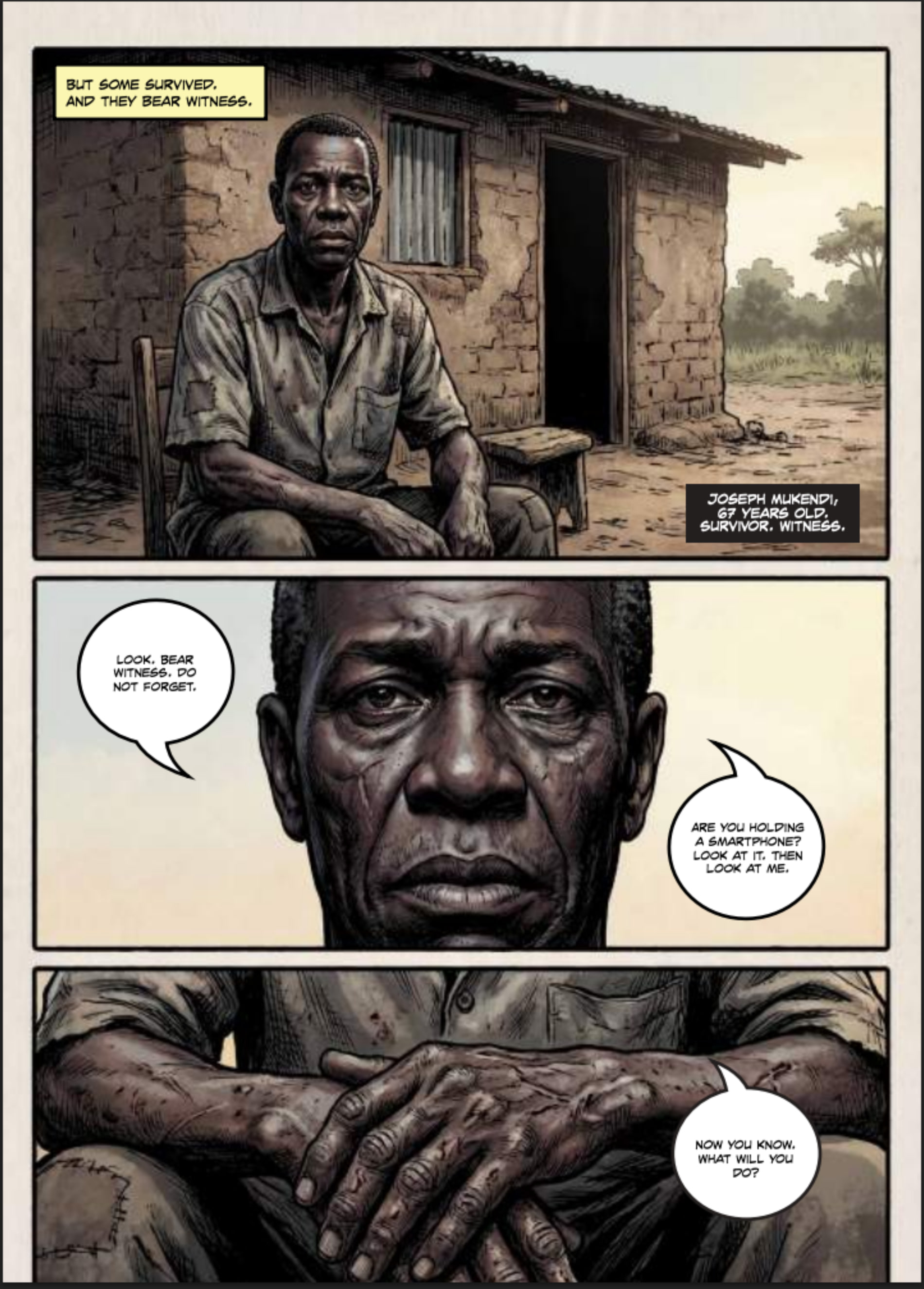 Page 76: Joseph Mukendi, survivor and witness, speaks to the reader